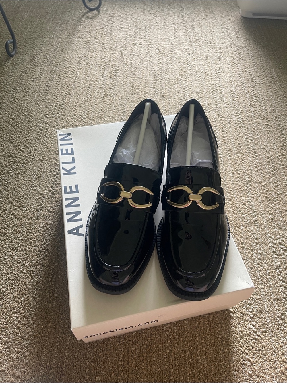 Anne Klein Black Patent Loafers with Gold Hardware